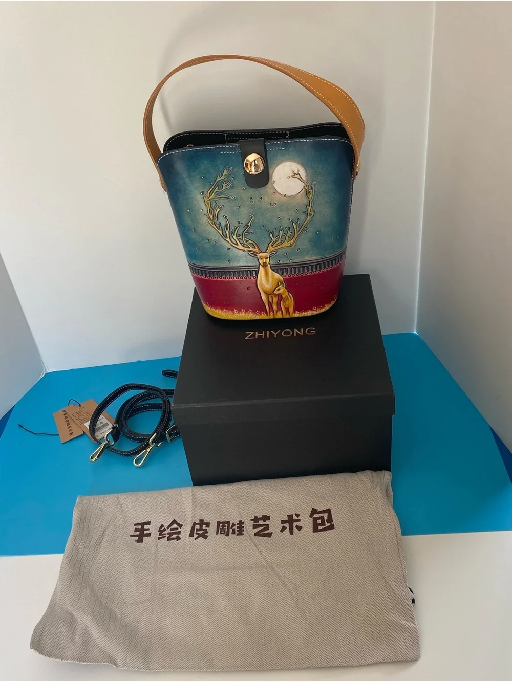 Leather Hand Tooled Hand-Painted Deer Bucket Shoulder Bag in Teal & Burgundy NWT